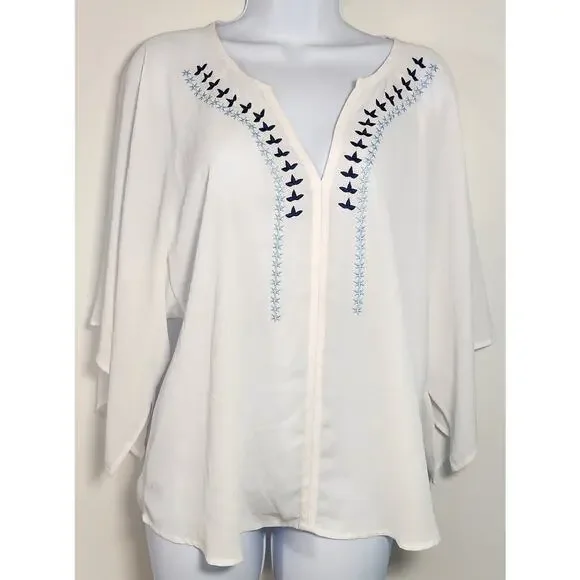 Ariat White Embroidered Boho Peasant Blouse Butterfly V-Neck S - Picture 1 of 10